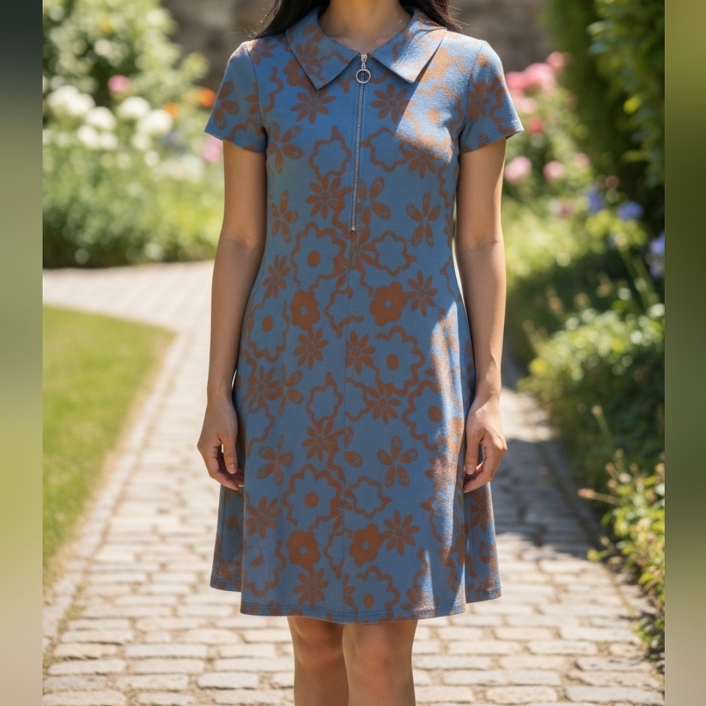 Urban Outfitters Arla Blue Orange Floral Zip Front Collared Mini Dress Size Sm